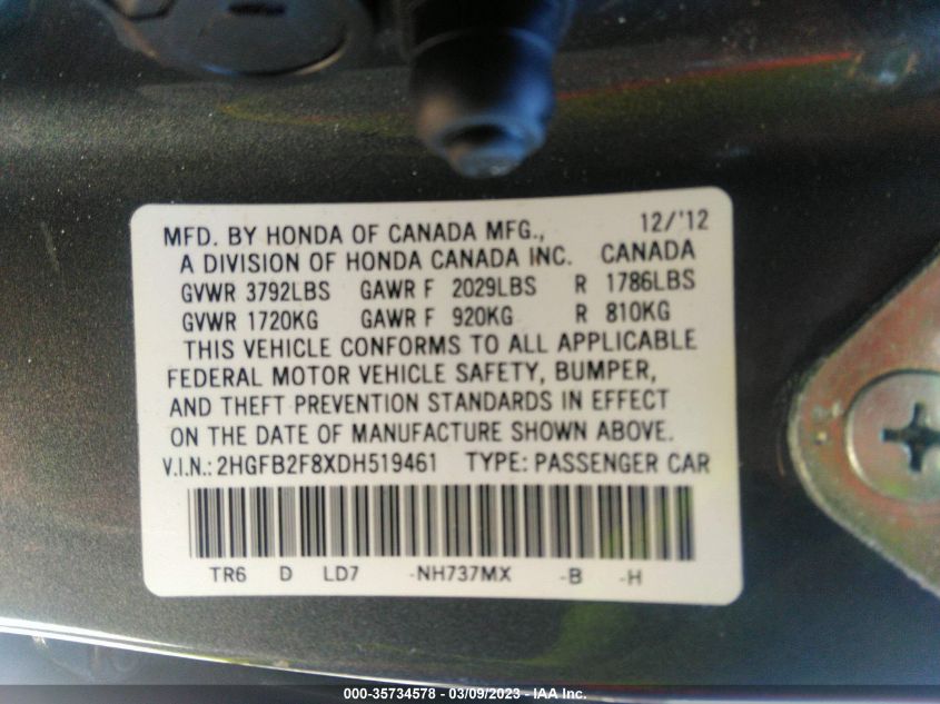 2013 HONDA CIVIC SDN EX - 2HGFB2F8XDH519461