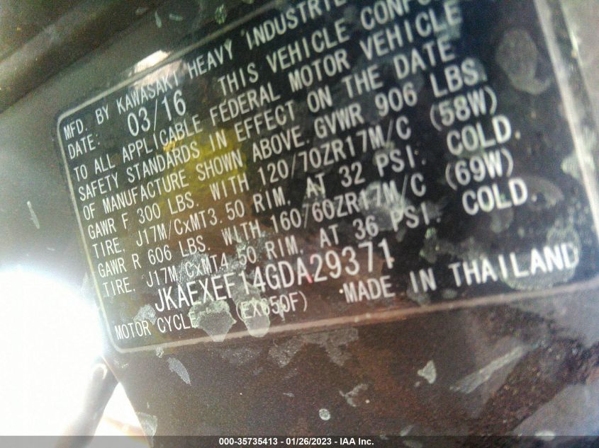 2016 KAWASAKI EX650 F - JKAEXEF14GDA29371