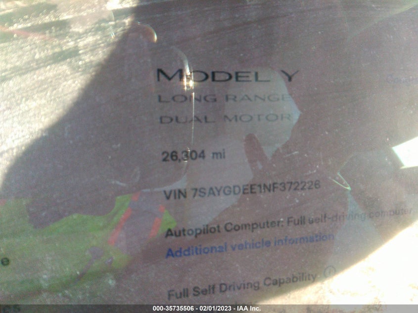 VIN 7SAYGDEE1NF372226 2022 TESLA MODEL Y LONG RANGE