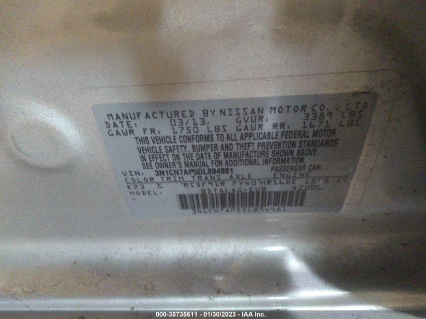 2013 NISSAN VERSA S - 3N1CN7AP5DL894981