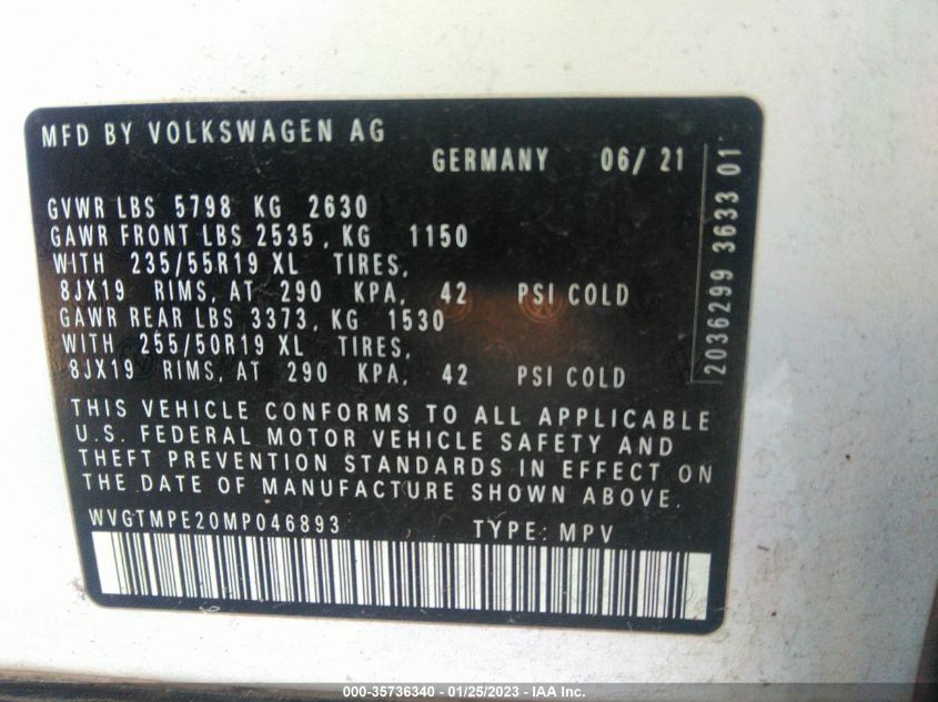 2021 VOLKSWAGEN ID.4 PRO S WVGTMPE20MP046893
