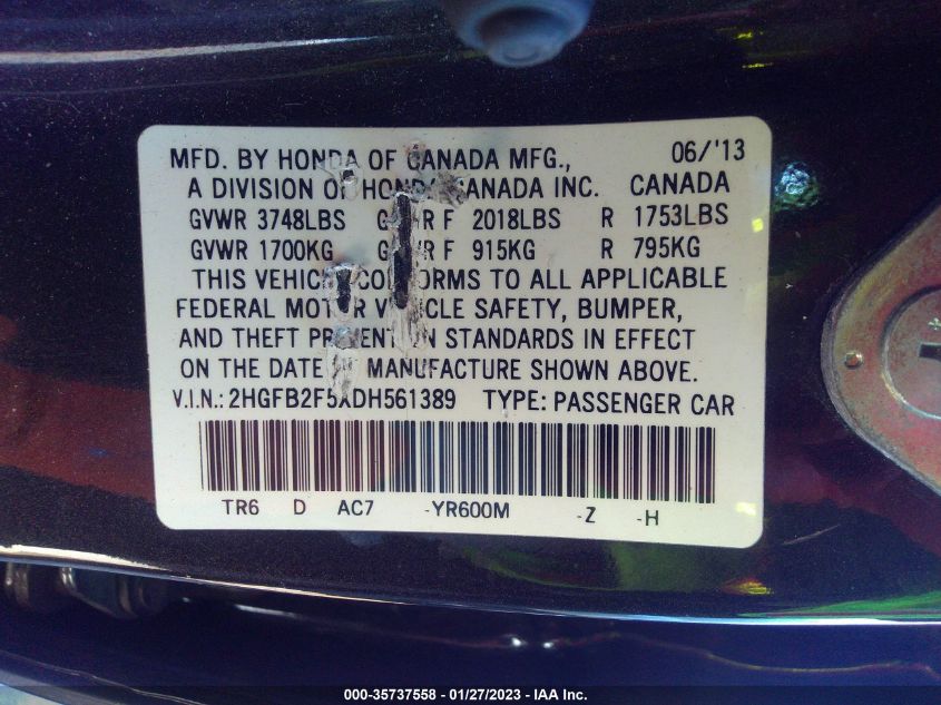 2013 HONDA CIVIC SDN LX 2HGFB2F5XDH561389