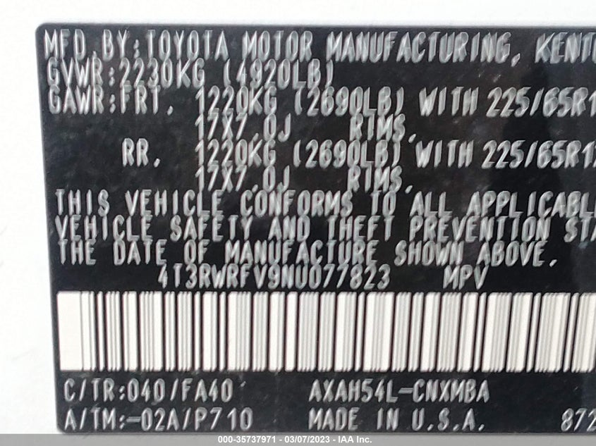 VIN 4T3RWRFV9NU077823 2022 TOYOTA RAV4 HYBRID XLE