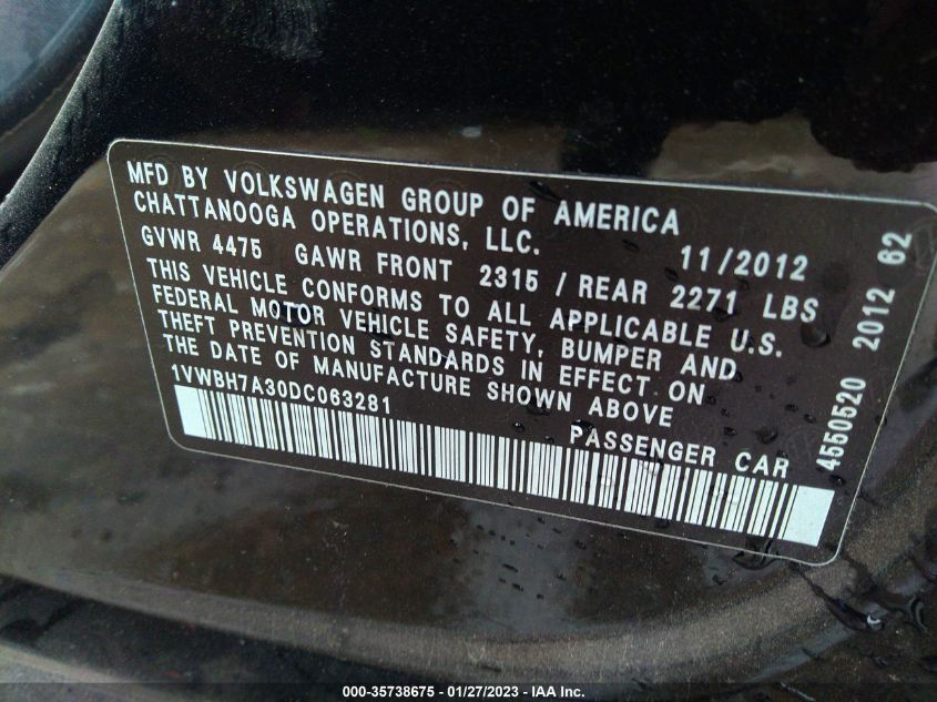 VIN 1VWBH7A30DC063281 2013 VOLKSWAGEN PASSAT no.9