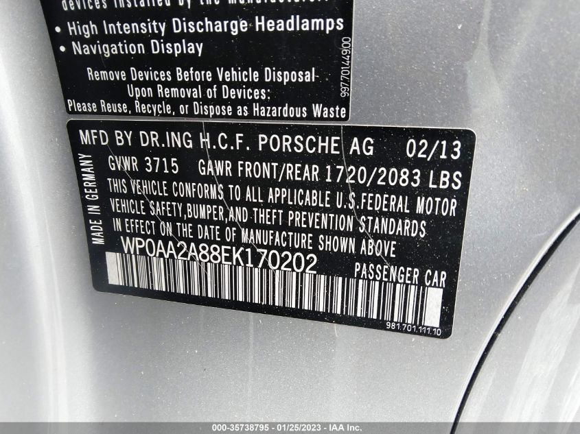 2014 PORSCHE CAYMAN WP0AA2A88EK170202