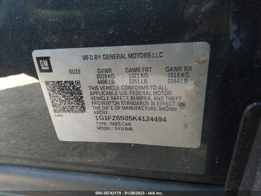 2019 CHEVROLET BOLT EV PREMIER 1G1FZ6S05K4124494