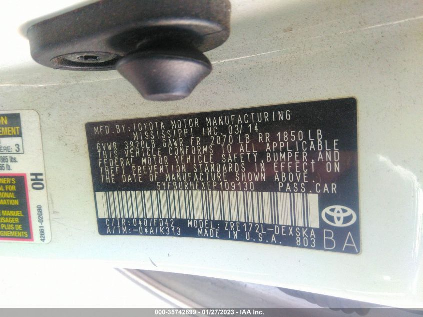 2014 TOYOTA COROLLA L/LE/S/S PLUS/LE PLUS - 5YFBURHEXEP109130