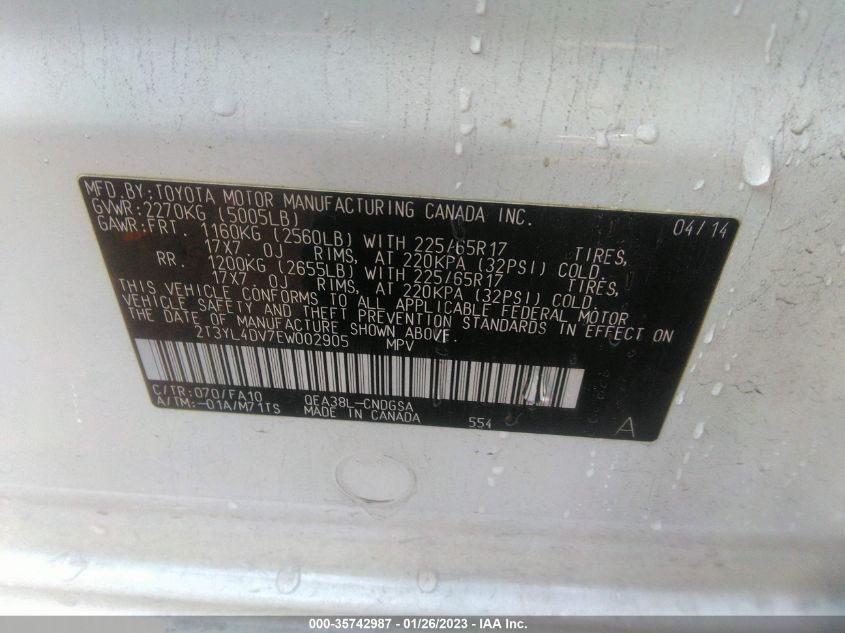 2014 TOYOTA RAV4 EV 2T3YL4DV7EW002905