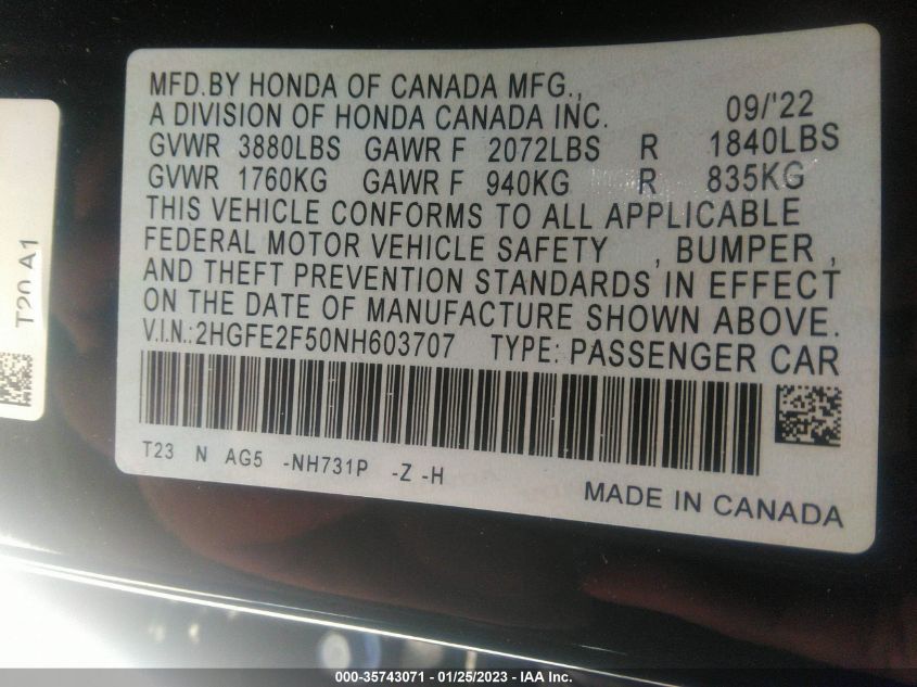 2022 HONDA CIVIC SEDAN SPORT - 2HGFE2F50NH603707