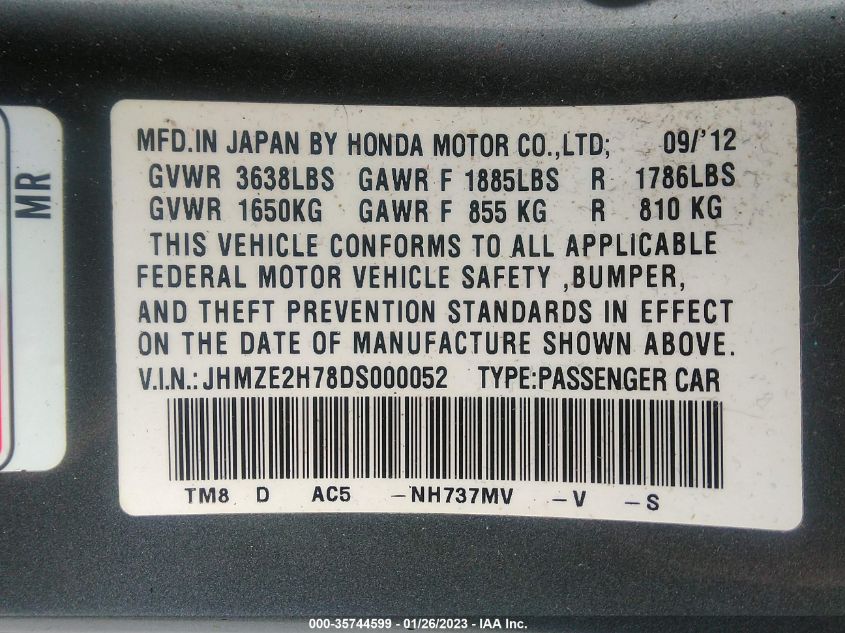 2013 HONDA INSIGHT EX JHMZE2H78DS000052