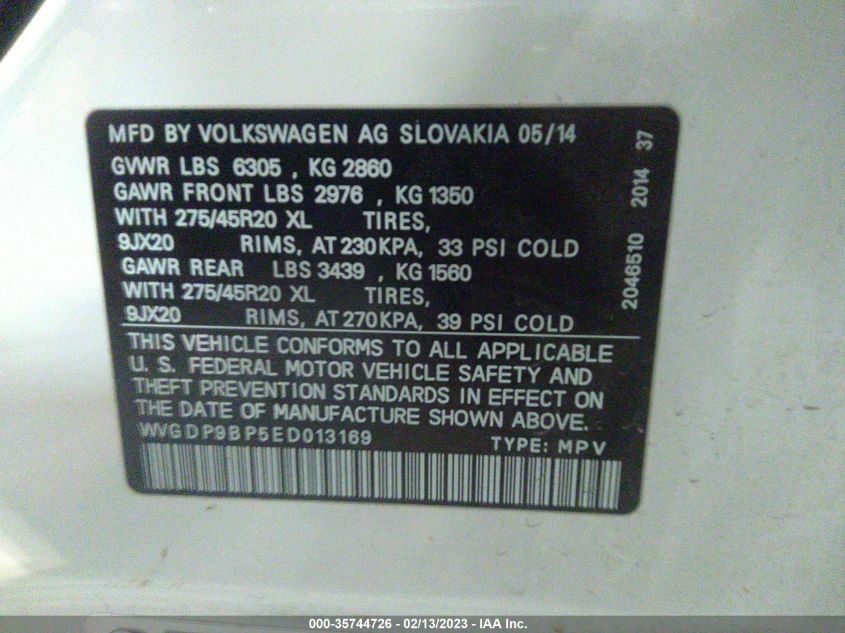 2014 VOLKSWAGEN TOUAREG R-LINE WVGDP9BP5ED013169