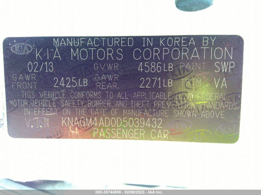 2013 KIA OPTIMA HYBRID LX KNAGM4AD0D5039432