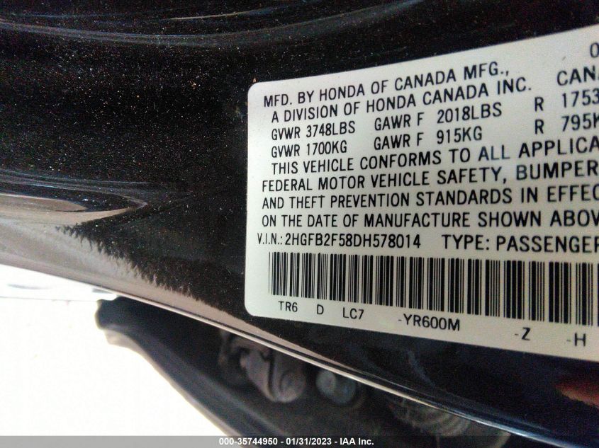 2013 HONDA CIVIC SDN LX 2HGFB2F58DH578014