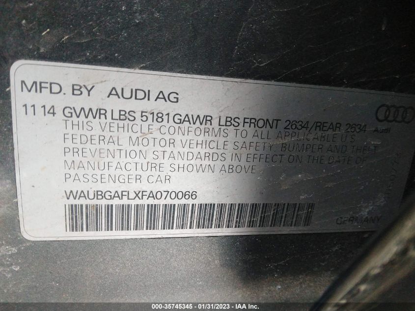 2015 AUDI S4 PREMIUM PLUS WAUBGAFLXFA070066