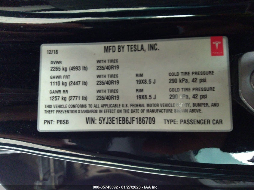 VIN 5YJ3E1EB6JF186709 2018 TESLA MODEL 3 LONG RANGE