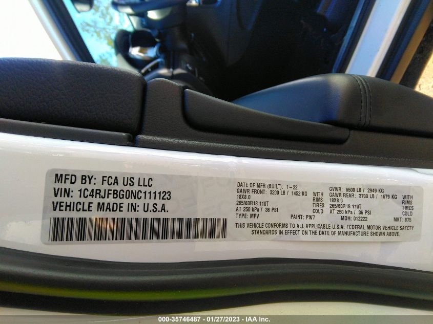 2022 JEEP GRAND CHEROKEE WK LIMITED 1C4RJFBG0NC111123