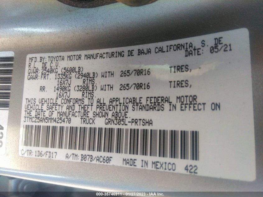 VIN 3TMCZ5AN5MM425470 2021 TOYOTA TACOMA 4WD SR/SR5/TRD SPORT