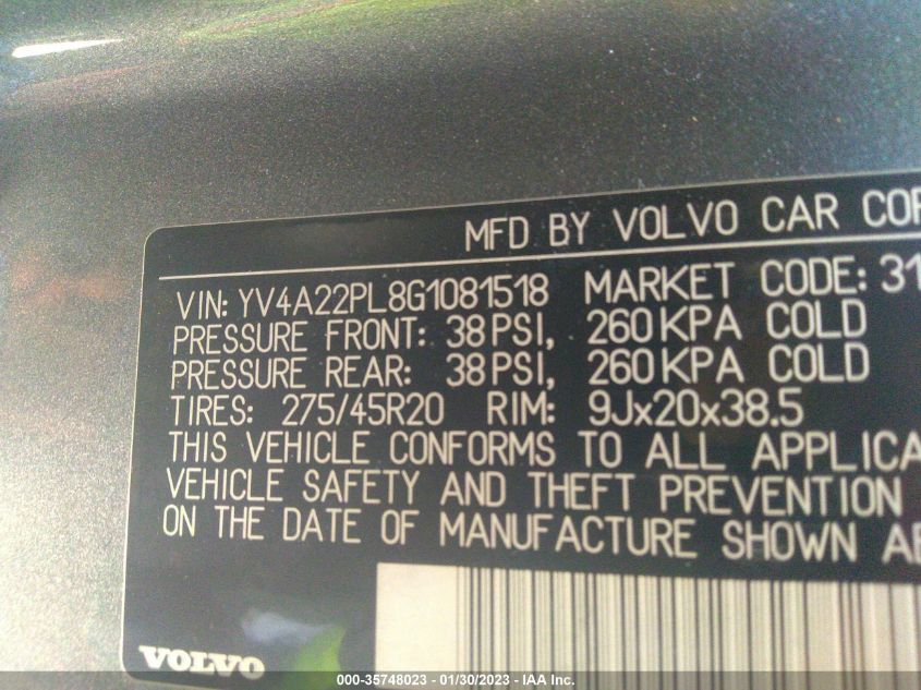 VIN YV4A22PL8G1081518 2016 VOLVO XC90 no.9