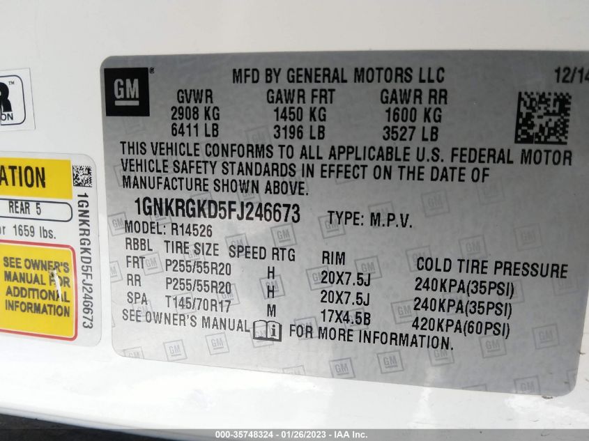2015 CHEVROLET TRAVERSE LT - 1GNKRGKD5FJ246673