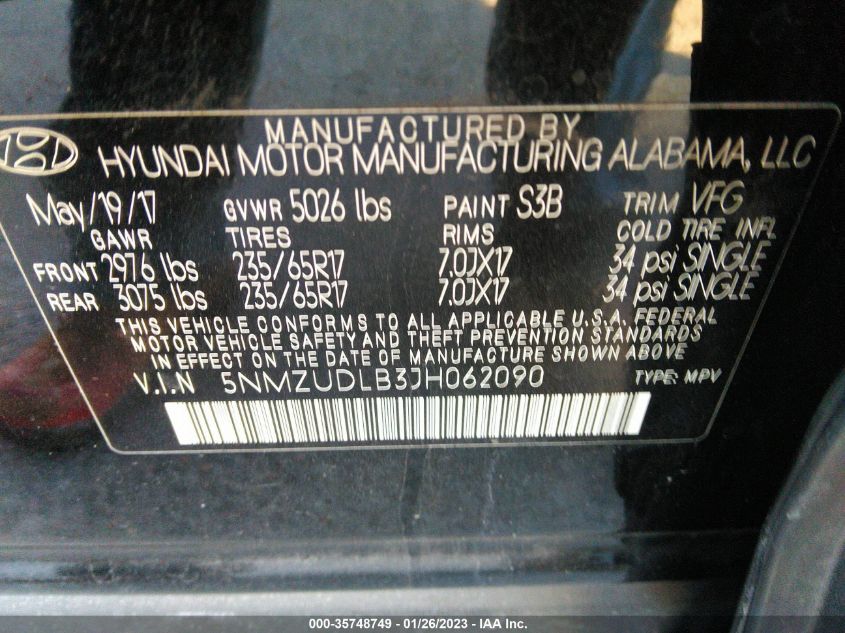 VIN 5NMZUDLB3JH062090 2018 HYUNDAI SANTA FE SPORT 2.4L
