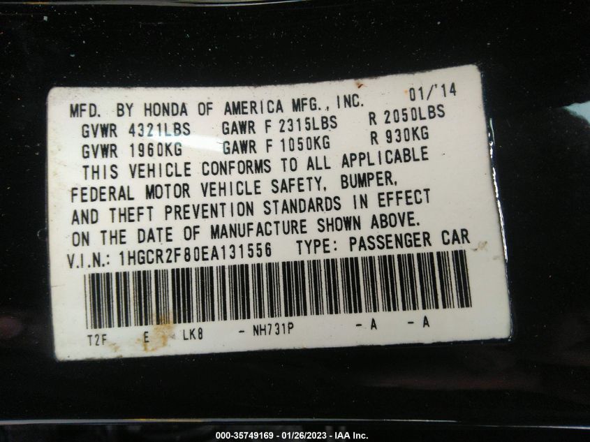 2014 HONDA ACCORD SEDAN EX-L 1HGCR2F80EA131556