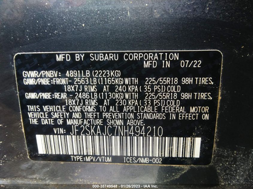 VIN JF2SKAJC7NH494210 2022 SUBARU FORESTER SPORT