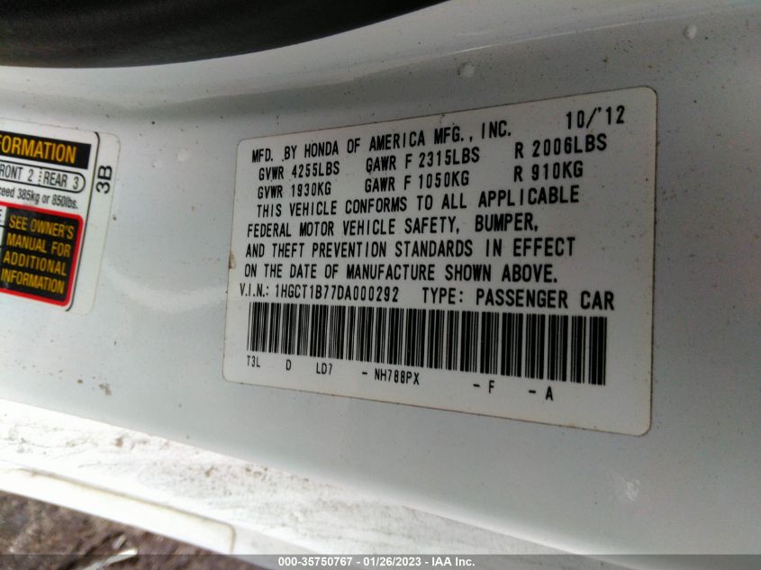 2013 HONDA ACCORD CPE EX 1HGCT1B77DA000292