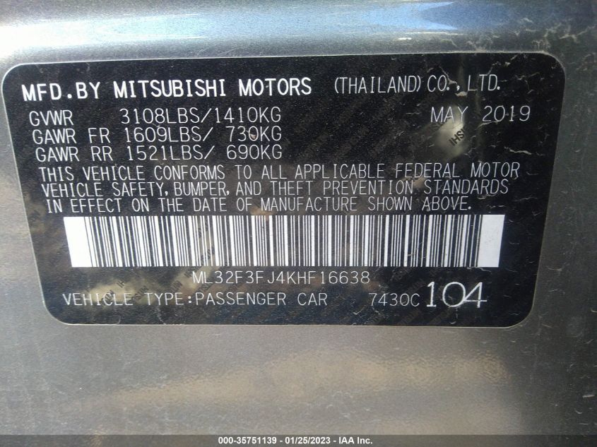 2019 MITSUBISHI MIRAGE G4 ES/RF - ML32F3FJ4KHF16638