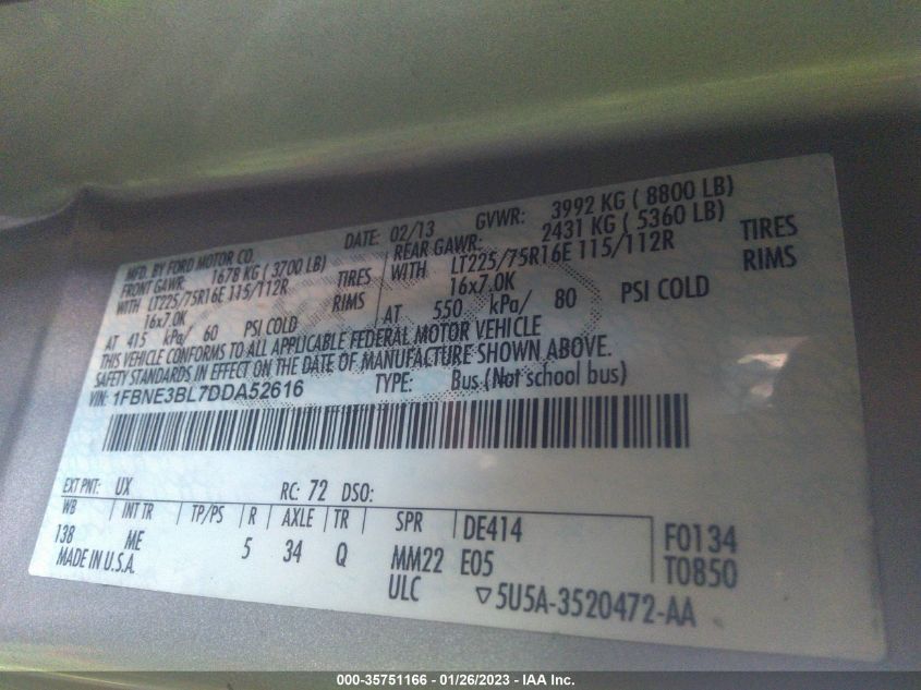 2013 FORD ECONOLINE WAGON XLT 1FBNE3BL7DDA52616