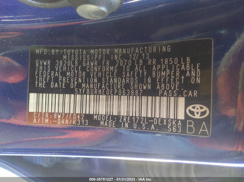 2014 TOYOTA COROLLA L/LE/S/S PLUS/LE PLUS - 5YFBURHE0EP063887