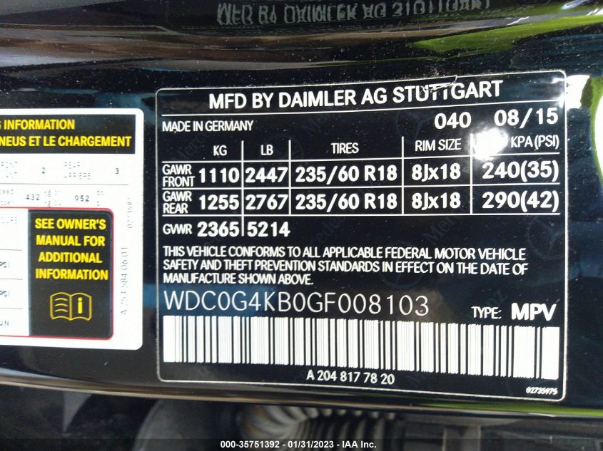 2016 MERCEDES-BENZ GLC GLC 300 WDC0G4KB0GF008103