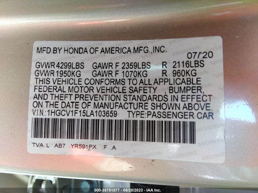 2020 HONDA ACCORD LX - 1HGCV1F15LA103659