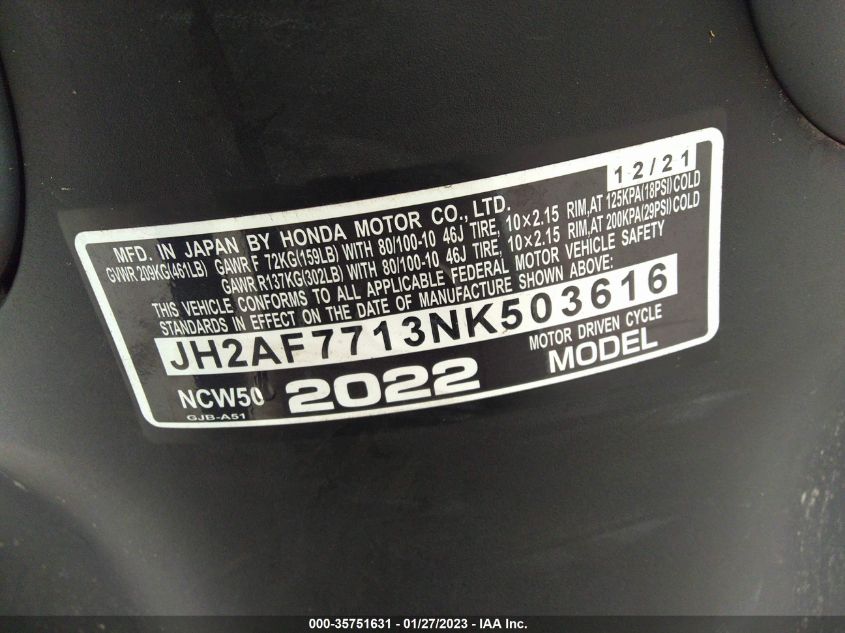 2022 HONDA NCW50 JH2AF7713NK503616