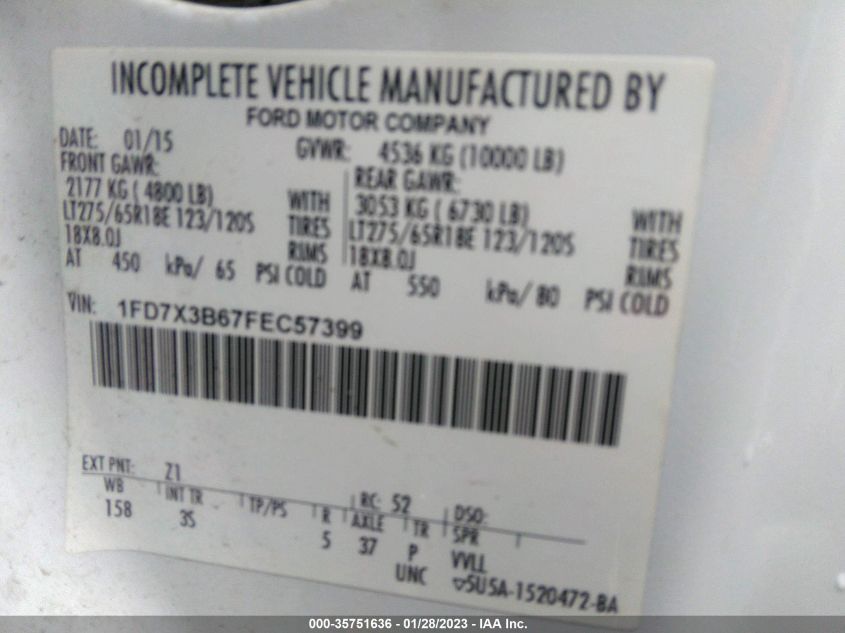 2015 FORD SUPER DUTY F-350 SRW LARIAT/XL/XLT 1FD7X3B67FEC57399