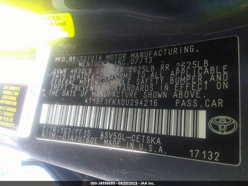 2013 TOYOTA CAMRY SE 4T1BF1FKXDU294216