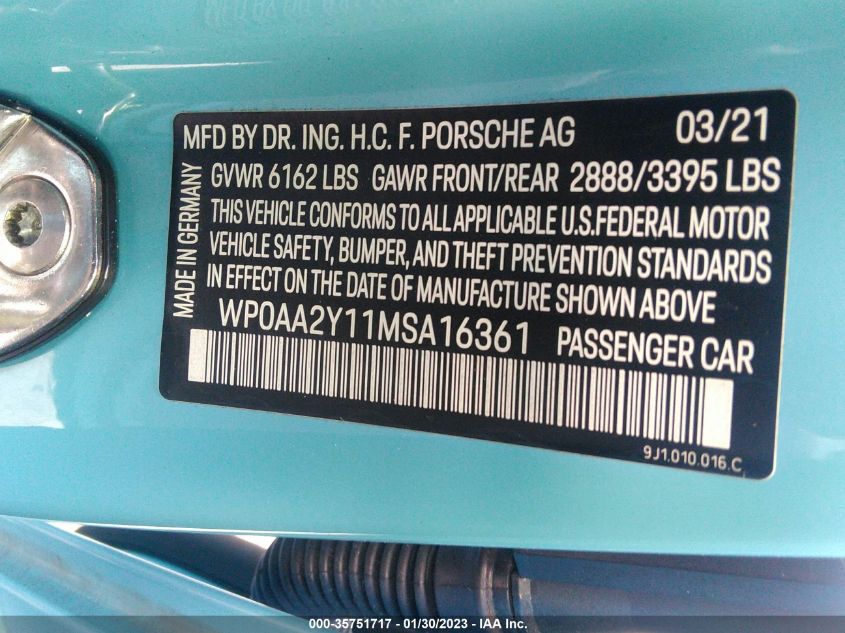 2021 PORSCHE TAYCAN WP0AA2Y11MSA16361