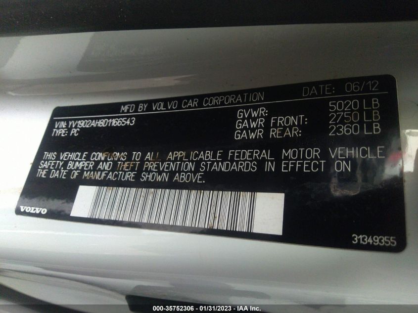 2013 VOLVO S80 T6 YV1902AH8D1166543