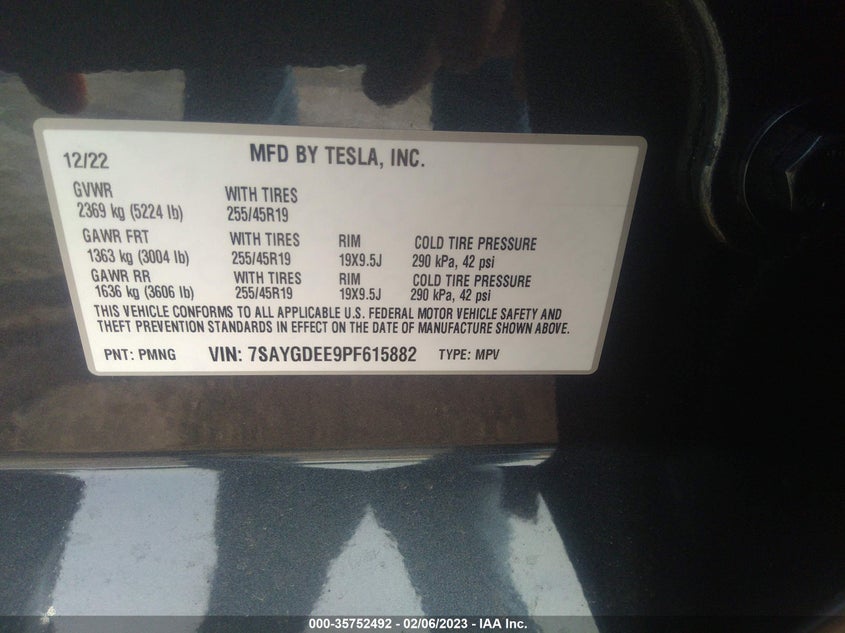 VIN 7SAYGDEE9PF615882 2023 TESLA MODEL Y LONG RANGE
