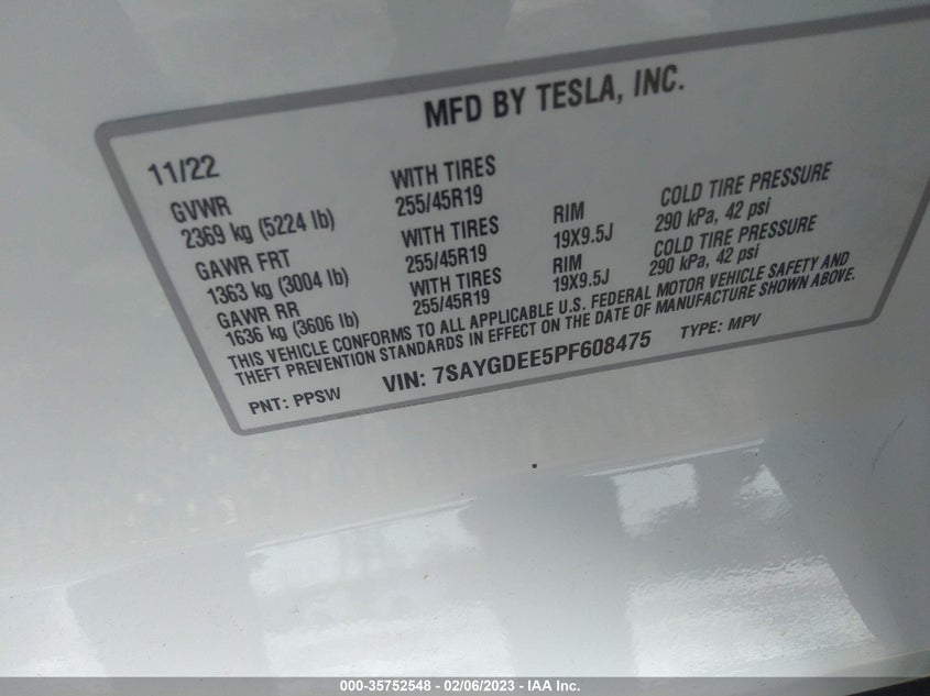 VIN 7SAYGDEE5PF608475 2023 TESLA MODEL Y LONG RANGE