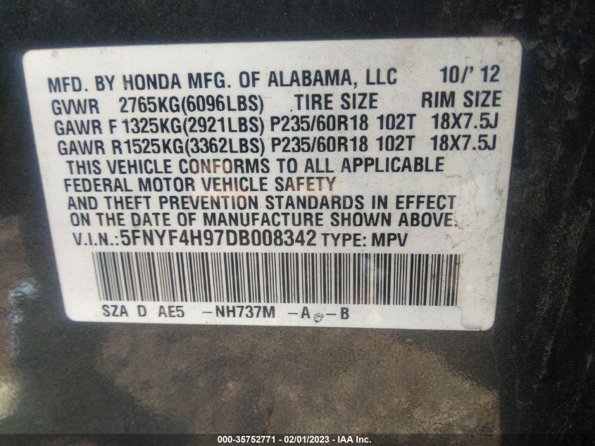 2013 HONDA PILOT TOURING - 5FNYF4H97DB008342