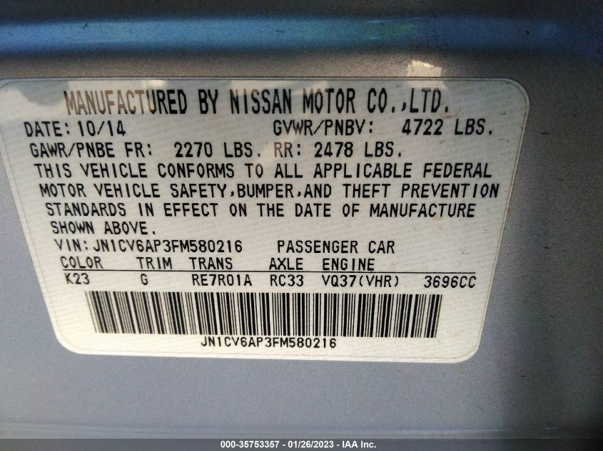 2015 INFINITI Q40 JN1CV6AP3FM580216