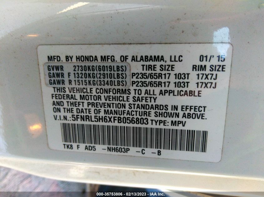 2015 HONDA ODYSSEY EX-L 5FNRL5H6XFB056803