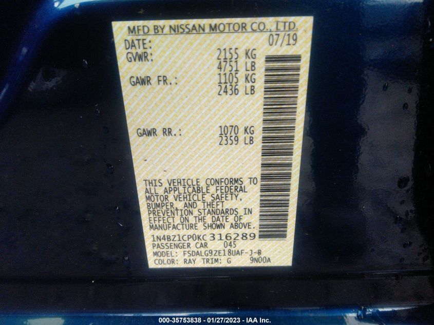 2019 NISSAN LEAF SL PLUS 1N4BZ1CP0KC316289