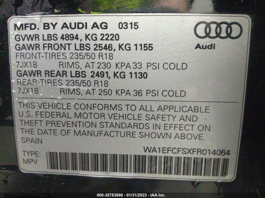 2015 AUDI Q3 2.0T PREMIUM PLUS - WA1EFCFSXFR014064
