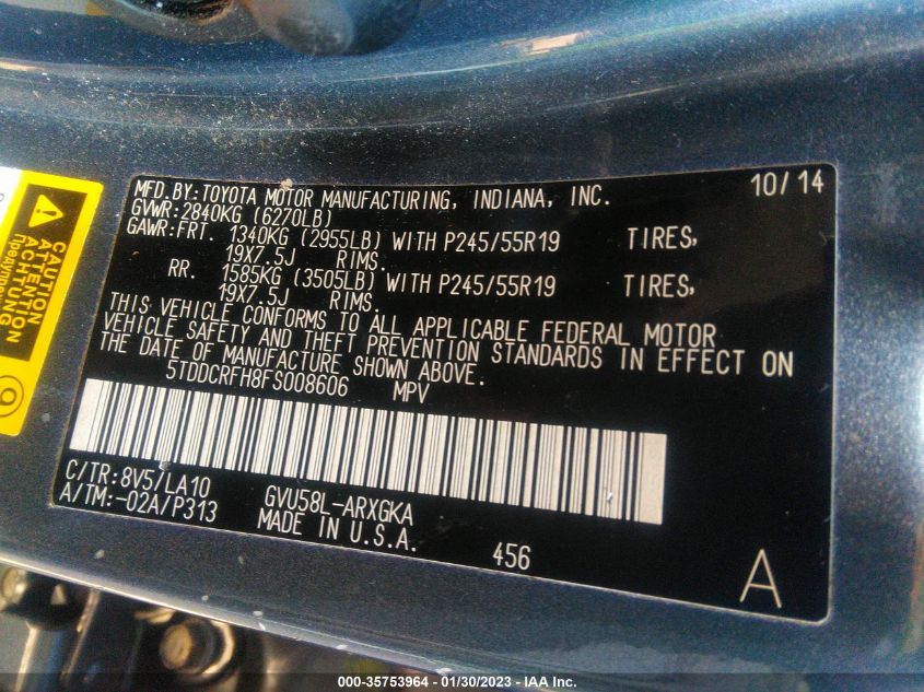 2015 TOYOTA HIGHLANDER HYBRID LIMITED 5TDDCRFH8FS008606