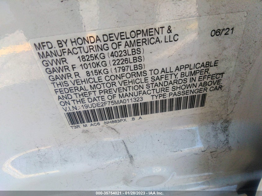 VIN 19UDE2F75MA011323 2021 ACURA ILX PACKAGE