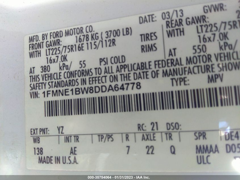 2013 FORD ECONOLINE WAGON XL/XLT - 1FMNE1BW8DDA64778