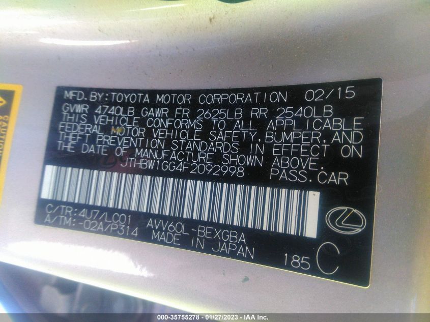 2015 LEXUS ES 300H HYBRID JTHBW1GG4F2092998