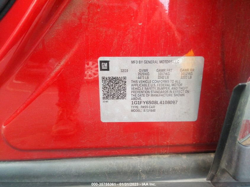 2020 CHEVROLET BOLT EV LT 1G1FY6S08L4108097