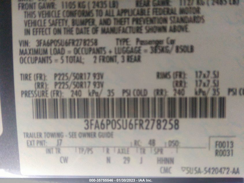 2015 FORD FUSION ENERGI TITANIUM 3FA6P0SU6FR278258